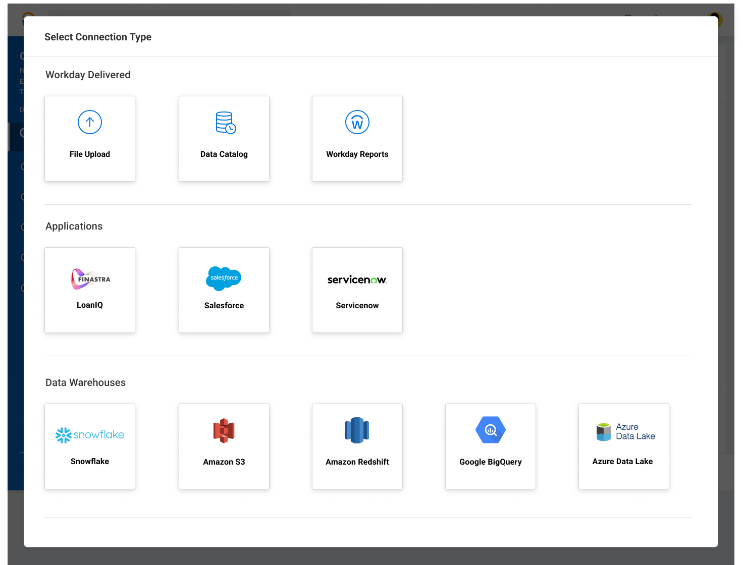 Connector selection interface with grouped tile grid