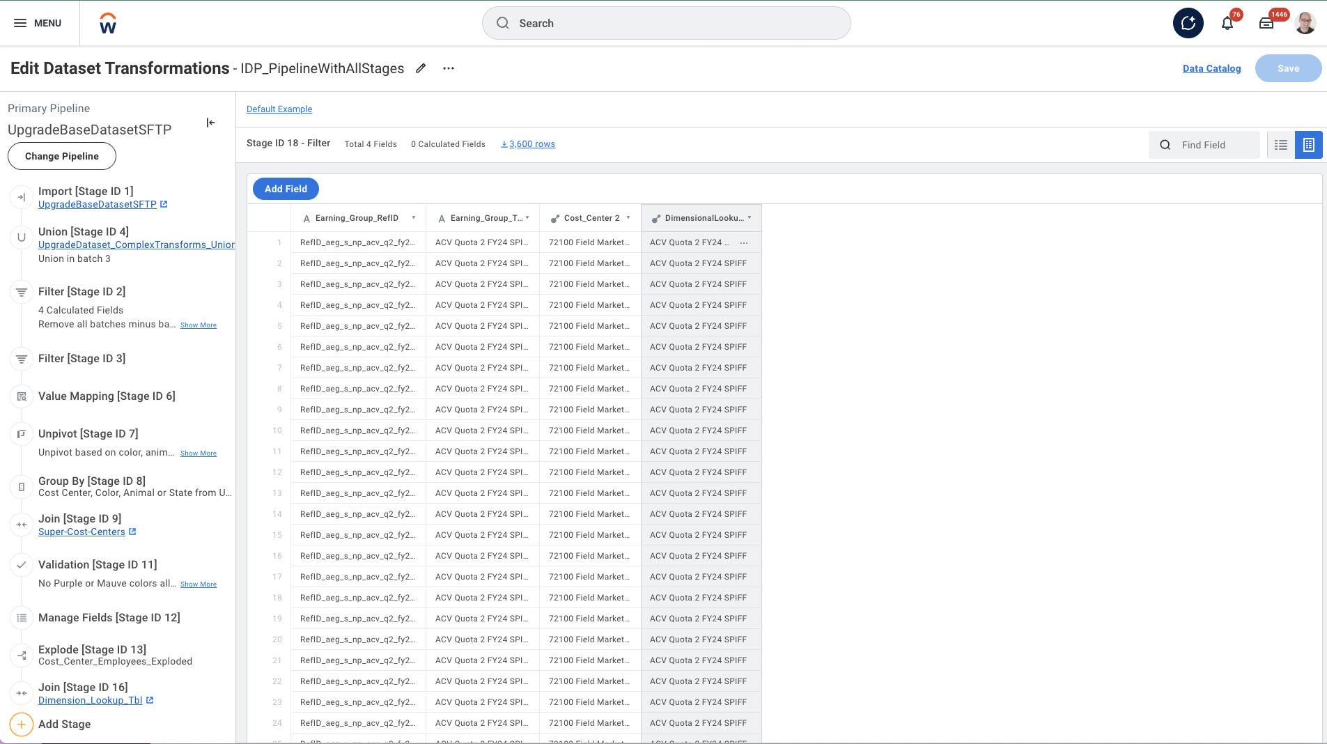Existing Data Preparation Editor - Stage List View