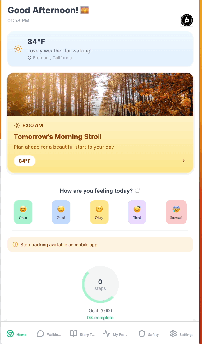 EverWell App - Home screen showing weather, walking prompts, mood check-in, and step tracking